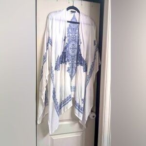 White & Blue One Size Geometric Light Weight Summer Shawl Coverup